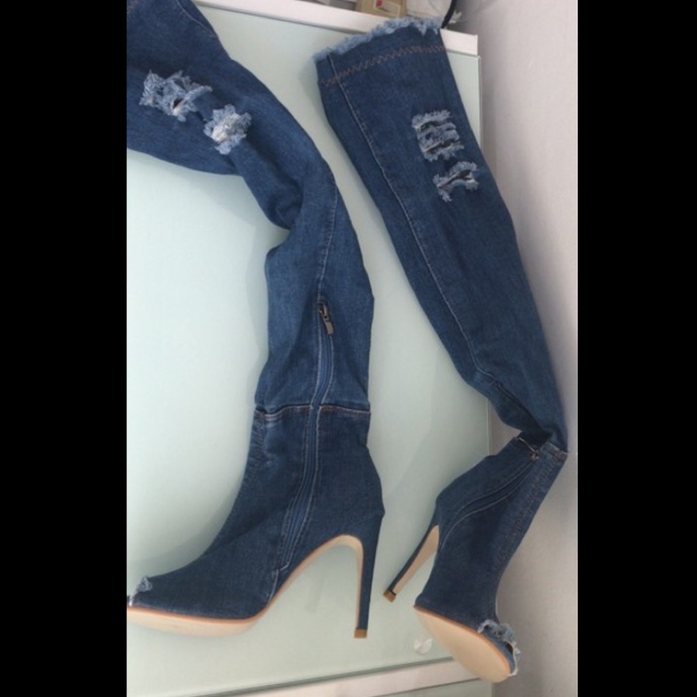Denim open toe boots/ OVER The knee boots